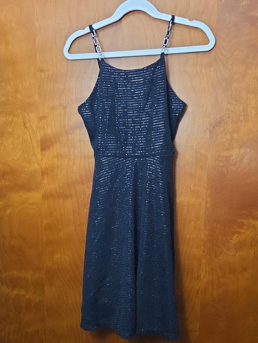 Speechless Black Sequin Halter Midi Dress with Chain Straps